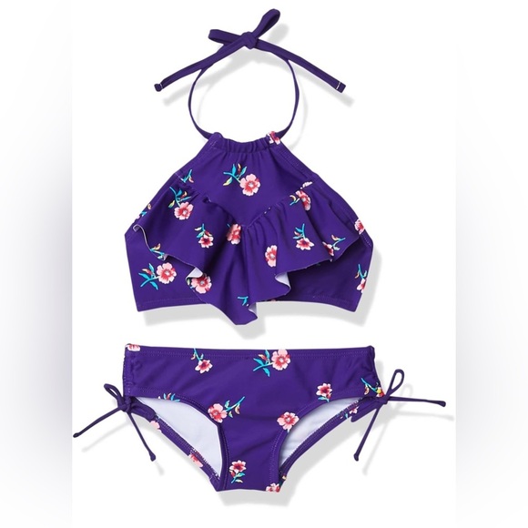 Purple Floral 
Kanu Surf Girls' Morgan Ruffle Halter Bikini 2-Piece Swimsuit - Picture 1 of 7